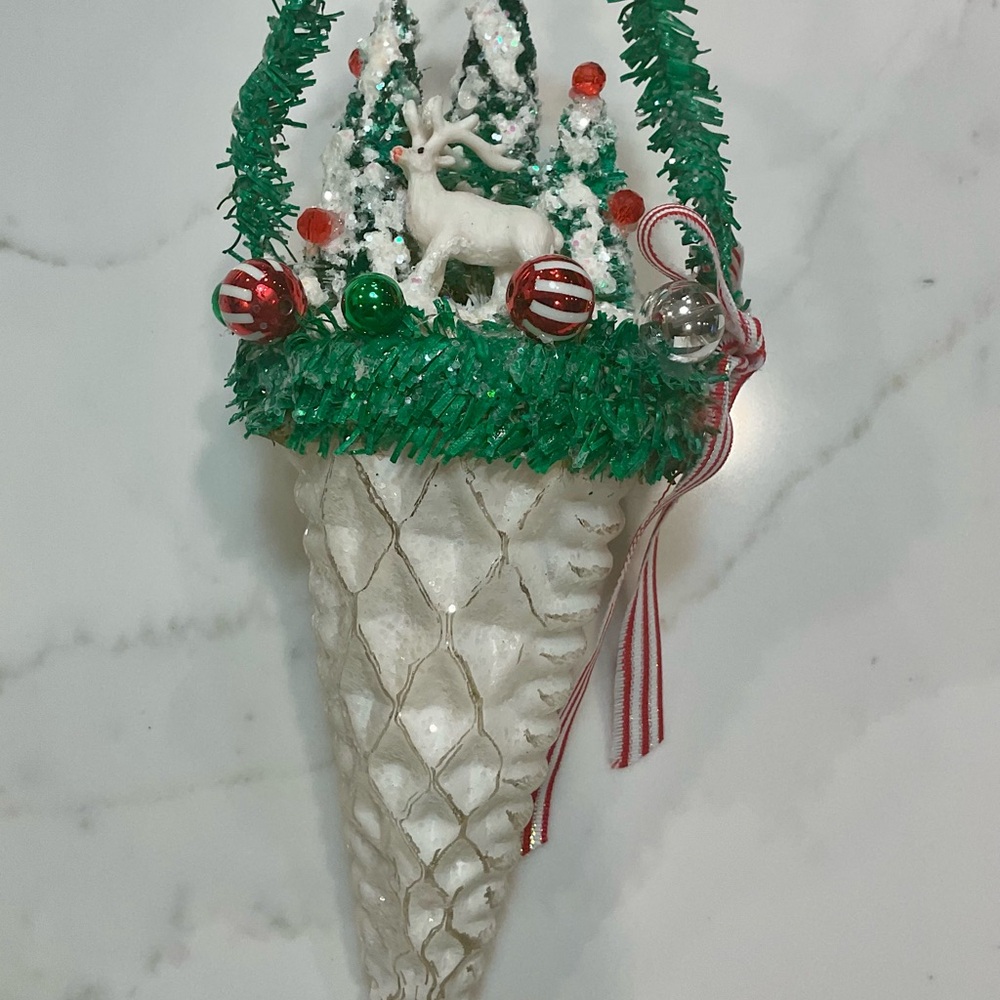 Festive Holiday Cone Christmas decor with Deer snowed trees and mini balls